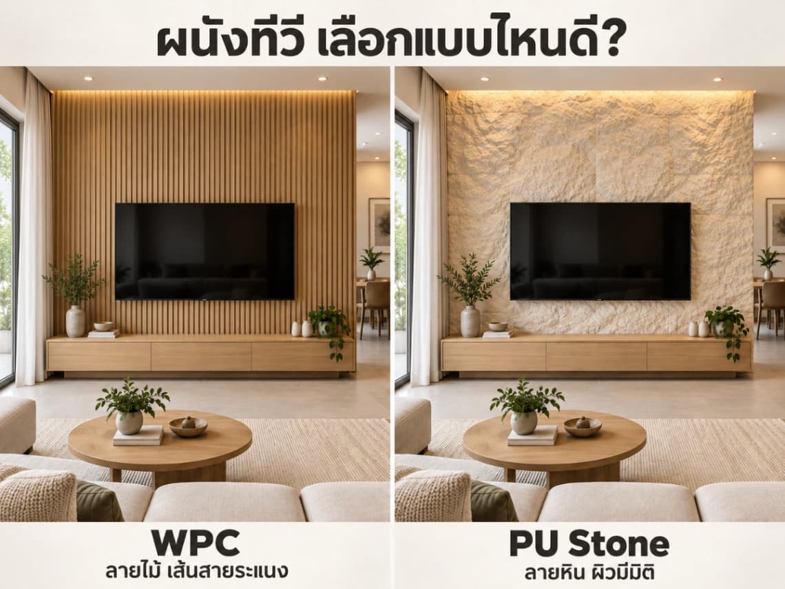 ทำผนังทีวี เลือก WPC หรือ PU Stone ดี? เทียบวัสดุและรายละเอียดหน้างาน